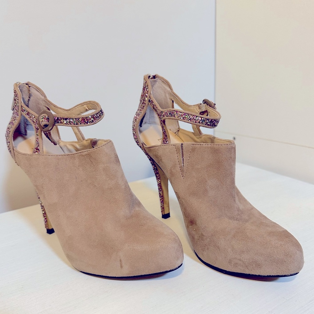 Enzo Angiolini Tan Suede Booties With Sparkle Heels